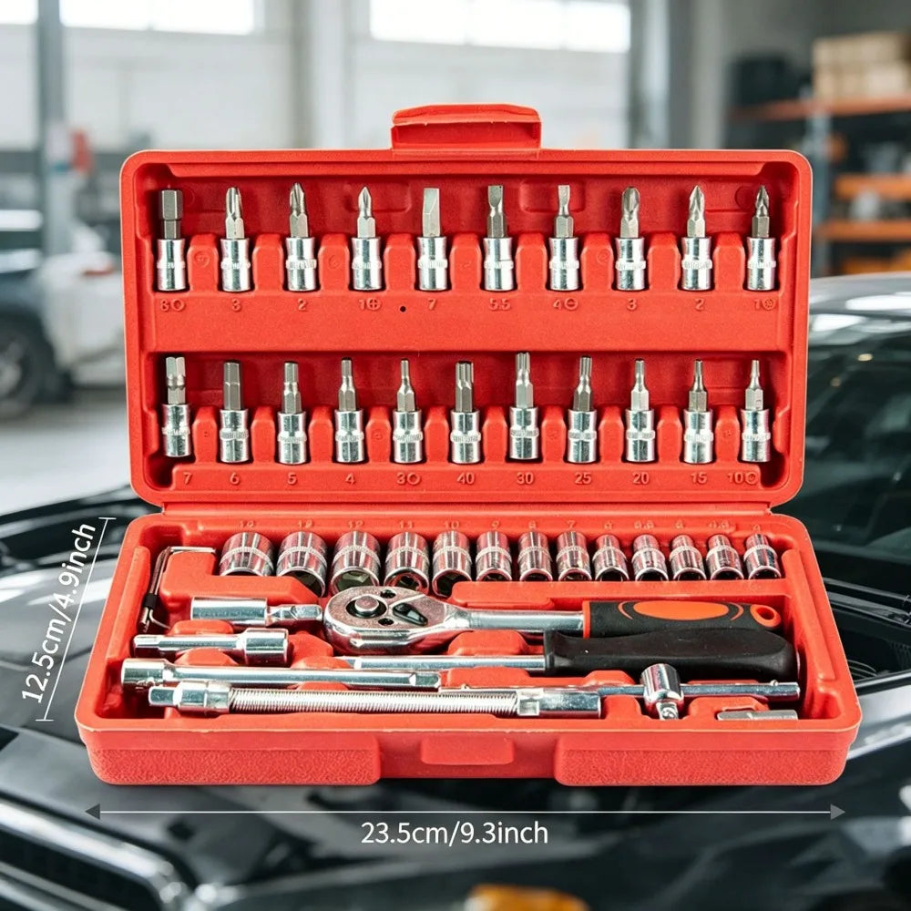 Kit Douilles 46 Pièces 1/4" — Clé à Cliquet & Embouts Métriques | Réparation Auto & Maison