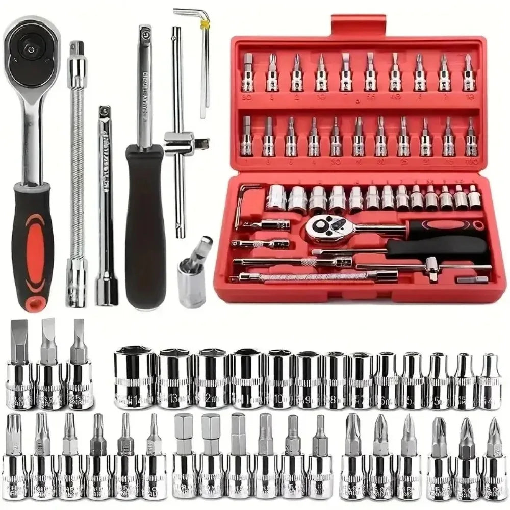 Kit Douilles 46 Pièces 1/4" — Clé à Cliquet & Embouts Métriques | Réparation Auto & Maison