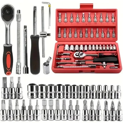 Kit Douilles 46 Pièces 1/4" — Clé à Cliquet & Embouts Métriques | Réparation Auto & Maison
