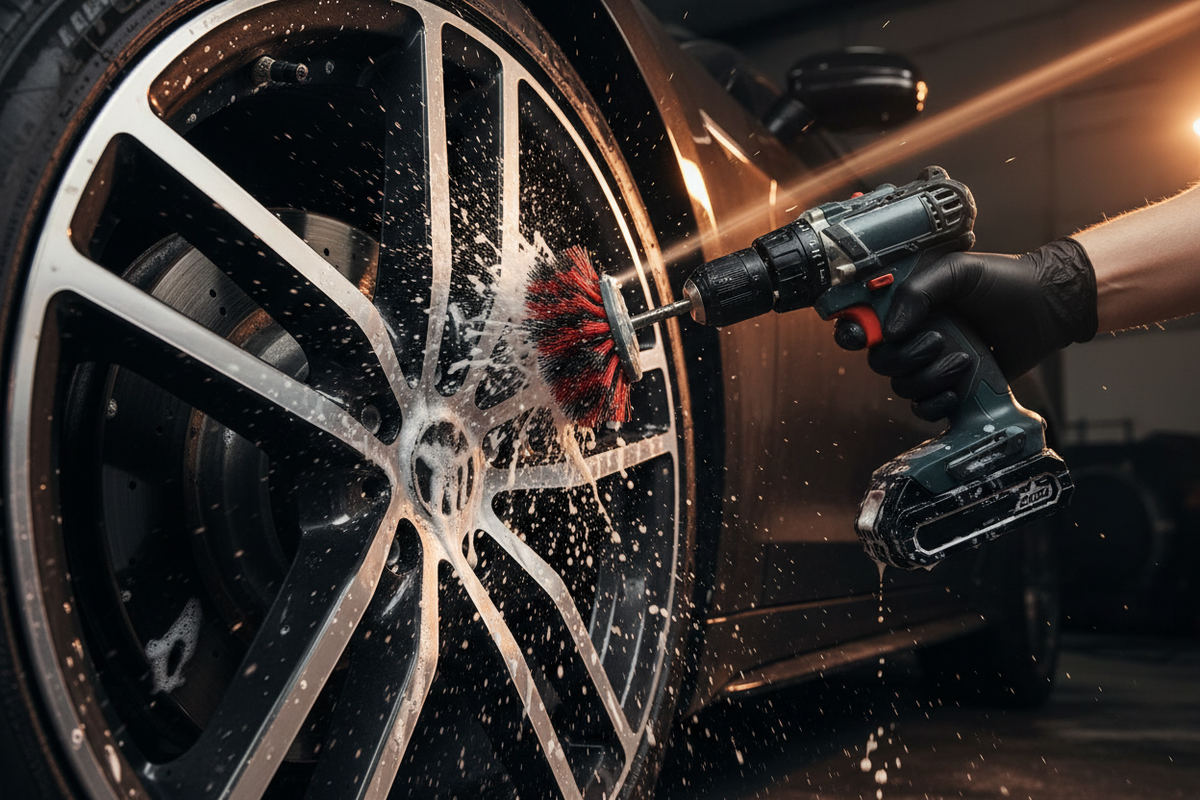 Brosse perceuse nettoyage jante en action