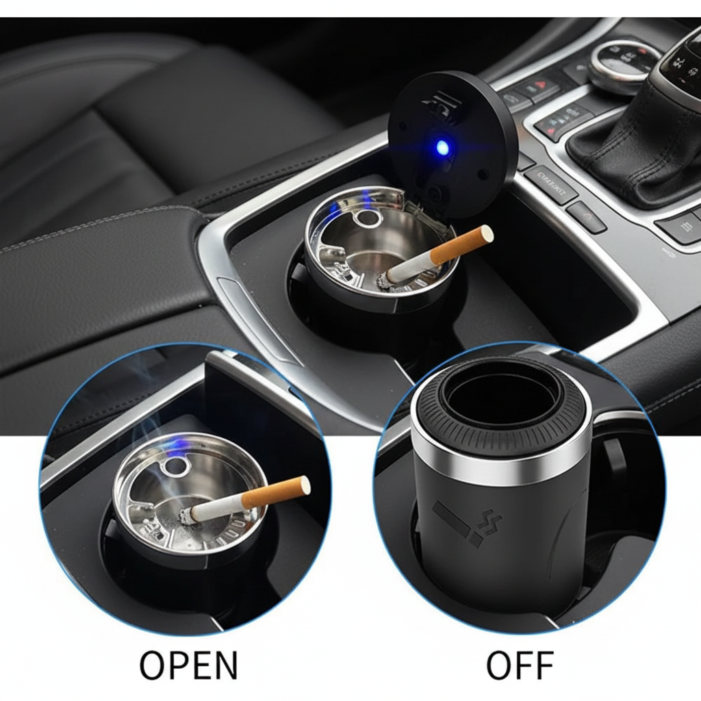 Cendrier voiture – vue top-down LED ouverte