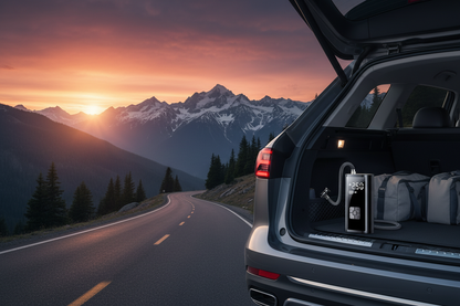 Compresseur — coffre voiture route de montagne